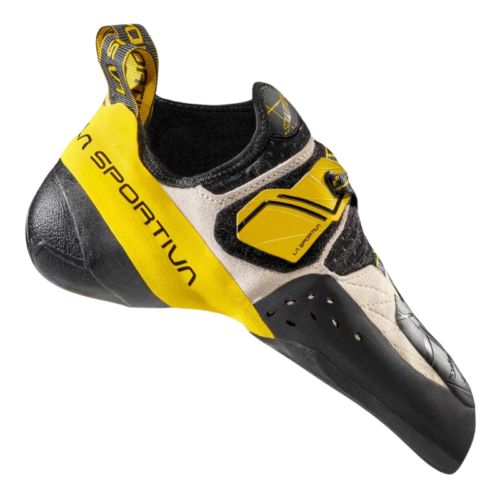La zapatilla de escalada La Sportiva Solution cuenta con un diseño en amarillo y negro con correas de velcro y una suela curva para un excelente agarre y rendimiento. Con la marca "La Sportiva", estas zapatillas son perfectas para escaladores apasionados que buscan precisión.