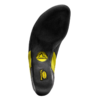 La Zapatilla de Escalada La Sportiva Miura en color negro y amarillo, con logotipos de La Sportiva y Vibram en la suela, tiene una superficie de goma texturizada para un agarre superior, como se muestra desde la parte inferior.