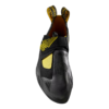 La zapatilla de escalada La Sportiva Theory es un pie de gato negro y amarillo con un diseño geométrico único en la zona de la puntera, con cierre de velcro y lengüetas para facilitar su uso.