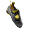 El zapato de escalada La Sportiva Theory negro y amarillo presenta una correa de velcro con "Theory", una puntera de goma, suela texturizada para mayor agarre y el nombre de la marca de forma destacada en el lateral.