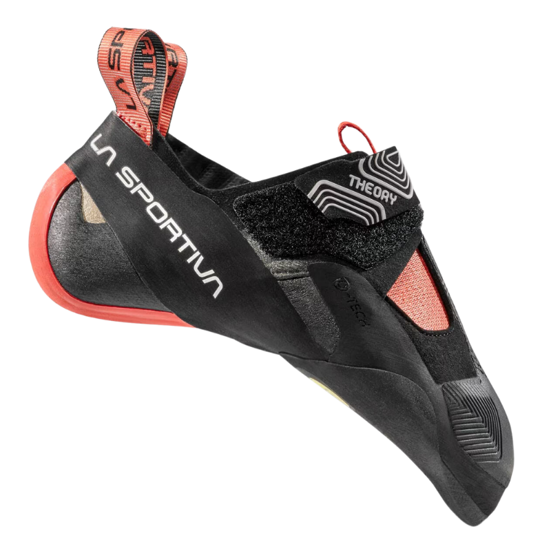 La Zapatilla de Escalada La Sportiva Theory negra y roja (copia) tiene una correa de velcro con la inscripción "Theory", combinada con un diseño curvo y suela texturizada para un excelente agarre, ideal para los entusiastas de la escalada.