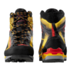 Las botas de montaña La Sportiva Trango Tech GTX se muestran de costado y de atrás, con un diseño resistente en amarillo, negro y rojo. Con material texturizado duradero y cordones multicolores, brindan soporte para el tobillo y suelas reforzadas para aventuras al aire libre.