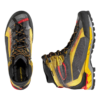 Un par de botas de montaña La Sportiva Trango Tech GTX en rojo, amarillo y negro. Una de las botas se muestra desde arriba con los cordones y el dibujo de la banda de rodadura visibles, mientras que la otra vista lateral resalta su suela resistente y su material de malla transpirable.
