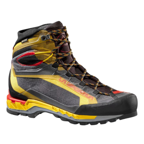 La bota de montaña La Sportiva Trango Tech GTX es una bota alta vibrante en amarillo, rojo y gris. Cuenta con cordones intrincados, una suela resistente y punteras reforzadas, lo que la hace ideal para aventuras al aire libre.