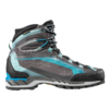 Vista lateral de la Bota de Montaña La Sportiva Trango Tech GTX Mujer, una bota de montaña gris y azul con detalles en negro, que presenta un diseño de tobillo alto, suela resistente y un sistema de cordones detallado perfecto para actividades al aire libre.