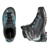 Un par de Bota de Montaña La Sportiva Trango Tech GTX para mujer en color negro y verde azulado: la bota izquierda se muestra desde arriba, mostrando sus cordones y diseño; la bota derecha se ve desde un lado, enfatizando su suela resistente y soporte de tobillo.