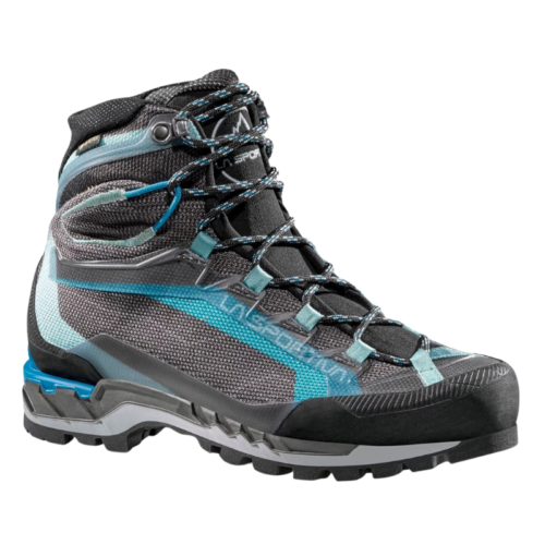 La bota de montaña La Sportiva Trango Tech GTX Mujer ofrece un elegante diseño en gris y verde azulado con detalles en azul y cordones intrincados, con una suela resistente ideal para cualquier aventura al aire libre.