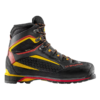 La bota de montaña La Sportiva Karakorum Evo GTX (copia) es una bota de senderismo negra y roja con detalles en amarillo y cordones rojos. Presenta una suela resistente y soporte para el tobillo, ideal para caminatas por la montaña, con la marca "La Sportiva" en el costado.
