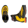 Se exhiben un par de botas de montaña La Sportiva Nepal Evo GTX en amarillo y negro, con detalles en rojo y verde. Una se encuentra en posición vertical mostrando su perfil lateral, mientras que la otra se ve desde arriba, resaltando el intrincado diseño de los cordones y la banda de rodadura.