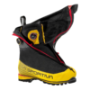 La bota de montaña La Sportiva G2 Evo presenta una cremallera roja parcialmente abierta que deja al descubierto el forro interior. Muestra de forma destacada el logotipo de La Sportiva en el lateral y tiene una suela negra resistente para una tracción óptima.