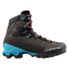 La Sportiva Aequilibrium LT GTX Mujer es una bota de senderismo resistente en marrón oscuro y negro con detalles en verde azulado y cordones naranjas, que presenta una banda de rodadura resistente y la marca "La Sportiva" blanca visible, perfecta para senderos difíciles.