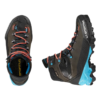 Las botas de montaña La Sportiva Aequilibrium LT GTX Mujer en color verde oscuro con detalles en negro, cordones naranjas y detalles en azul están diseñadas para terrenos difíciles. Cuentan con una suela resistente y se muestran desde una vista superior y un ángulo lateral.