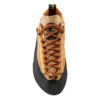 Una vista de arriba hacia abajo de un zapato de escalada La Sportiva Mythos en color tostado y negro con cordones marrones muestra su diseño resistente y material duradero, perfecto para escalar en roca.