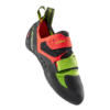 La colorida zapatilla de escalada La Sportiva Kubo tiene secciones negras, rojas y verdes con dos correas de velcro y un lazo para llevarla. Está diseñada para brindar agarre y precisión, presenta una suela de goma texturizada y un diseño elegante.