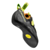 La zapatilla de escalada La Sportiva Tarantula para mujer tiene un diseño en negro y verde con un logotipo amarillo en la suela. Su exterior texturizado ofrece un excelente agarre, mientras que la trabilla permite un fácil manejo. Diseñada para escalada en roca, el nombre de la marca se muestra claramente en el lateral.