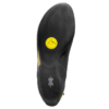 La zapatilla de escalada La Sportiva Tarantula Mujer es un calzado de escalada negro con suela lisa, que presenta un logotipo circular amarillo con un gráfico de montaña y el nombre de la marca "La Sportiva". Tiene detalles de tela beige en el borde para mayor estilo.