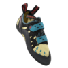 La zapatilla de escalada La Sportiva Tarantula Mujer es un zapato de escalada de color amarillo y negro, con correas de velcro azules y detalles rojos para un agarre y soporte excepcionales.