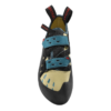 La zapatilla de escalada La Sportiva Tarantula Mujer es un zapato de escalada en roca con un elegante diseño de correa con velcro, que presenta una combinación de colores azul y amarillo, suela de goma negra, dos correas ajustables para un ajuste seguro y detalles rojos en las lengüetas.