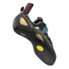 El pie de gato La Sportiva Tarantula Mujer cuenta con un diseño en negro y amarillo, correa de velcro, tirador en rojo y negro y una suela con detalles de la marca junto a un logotipo circular amarillo.