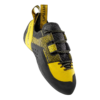 La Sportiva Katana Laces es un zapato de escalada amarillo y negro de alto rendimiento con cierres de cordones y velcro, correa y lengüeta en el talón con marca y suela de goma texturizada para un agarre superior.