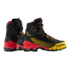 Dos botas de montaña La Sportiva Zapatilla de Montaña en negro y amarillo con detalles en rojo se destacan con orgullo. La bota izquierda muestra el costado y el talón, mientras que la derecha muestra la parte delantera. El nombre de la marca es parcialmente visible en la suela, lo que resalta el diseño Aequilibrium ST GTX, ¡ideal para tu próxima aventura!.
