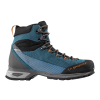 La bota de senderismo azul y negra La Sportiva Trango Trk GTX presenta detalles en gris y naranja, un diseño de tobillo alto, suela resistente, cierre con cordones y "La Sportiva" impreso en el costado.