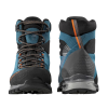 Las botas de trekking La Sportiva Trango Trk GTX combinan tela azul y negra con detalles en naranja, suelas negras resistentes y cordones gruesos y confiables para un diseño duradero.