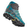La bota de senderismo La Sportiva Ultra Raptor II Mid GTX para mujer es de color turquesa y negro con detalles en naranja, con una suela resistente y un diseño de tobillo alto. Incluye la marca La Sportiva y un dibujo de la banda de rodadura ideal para senderos al aire libre.