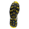 La suela de la Zapatilla de Trekking La Sportiva Ultra Raptor II Mid Leather GTX presenta una resistente banda de rodadura negra y amarilla, con tacos multidireccionales para una tracción superior en diversos terrenos, con el logotipo de la marca destacado en el centro.