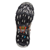 La imagen muestra la suela de la Zapatilla de Trekking La Sportiva Ultra Raptor II Mid Leather GTX Mujer, diseñada para un agarre superior con tacos multidireccionales y un logotipo central, en vibrantes colores negro, naranja y azul.