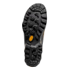 La imagen muestra la suela de la zapatilla de trekking La Sportiva TX Hike Mid GTX, que presenta un diseño de banda de rodadura resistente para tracción, con un logotipo naranja en el centro.