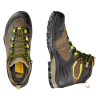 La zapatilla de trekking La Sportiva TX Hike Mid GTX cuenta con unas botas de senderismo marrones y negras con cordones verdes, una suela resistente y una puntera reforzada. Ideales para aventuras al aire libre, cuentan con el logotipo de La Sportiva en la plantilla y el lateral para resaltar su calidad de fabricación.