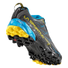 La zapatilla para correr en montaña La Sportiva Akyra presenta una parte superior elegante en negro, gris y azul con detalles en amarillo intenso. Su suela tiene tacos agresivos en amarillo y negro para una tracción superior, resaltados con la marca "La Sportiva" en negrita en el costado.