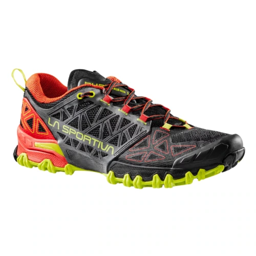 Conoce La Sportiva Bushido II, una zapatilla para trail running en negro y rojo con toques de verde lima. Tiene un diseño geométrico, puntera protectora y cordones resistentes, ideal para carreras emocionantes.