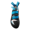 La zapatilla de escalada La Sportiva Tarantula Boulder Mujer en color negro y turquesa tiene tres correas de velcro, una puntera de goma y una suela texturizada para un agarre y rendimiento superiores, mostrada sobre un fondo blanco prístino.