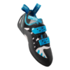 La zapatilla de escalada La Sportiva Tarantula Boulder para mujer es un calzado de escalada funcional y elegante con detalles y correas en negro, blanco y azul. Presenta el texto "Tarantula Boulder" y "La Sportiva", perfecto para escaladoras que buscan rendimiento.