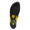 Primer plano de un pie de escalada negro La Sportiva Katana, con detalles en amarillo y un logotipo visible. Diseñado con una textura y una suela resistentes, proporciona un agarre excelente en superficies difíciles.