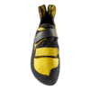 El calzado de escalada La Sportiva Katana presenta un diseño en amarillo brillante y negro con tres correas de velcro, una suela de goma texturizada y un tejido de malla transpirable. Su puntera prominente y su talón reforzado lo hacen perfecto para la escalada en roca.