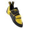 El calzado de escalada La Sportiva Katana presenta un diseño en amarillo y negro con dos correas de velcro y la palabra "KATANA" en la parte superior. Tiene una suela de goma texturizada para un agarre superior, junto con una presilla en el talón para un manejo fácil.
