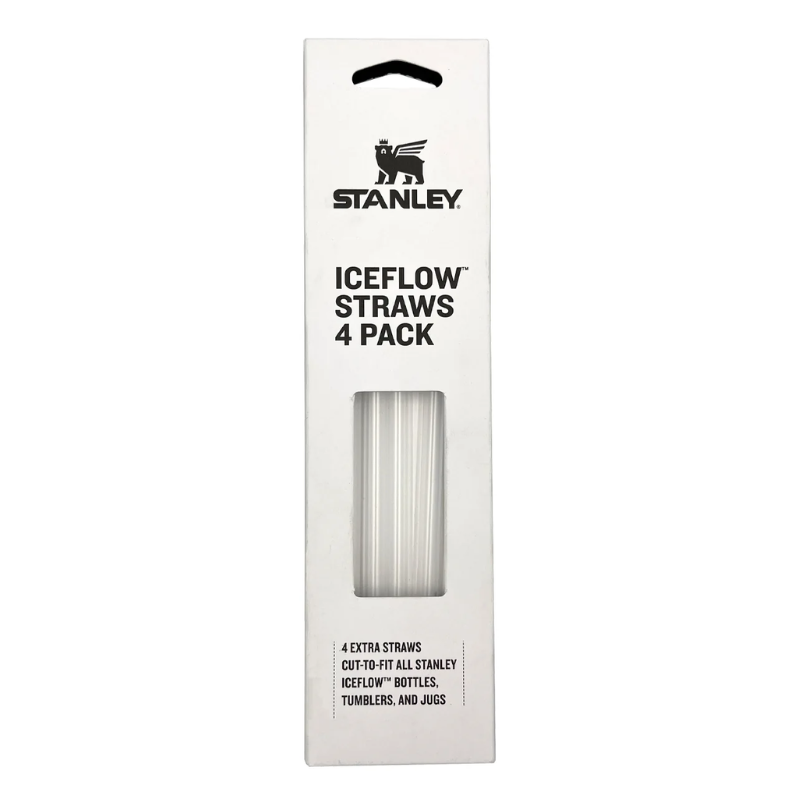 La caja blanca con ventana transparente muestra el paquete de 4 bombillas Stanley Flip Straw. El empaque destaca su compatibilidad como pajitas adicionales para botellas, vasos, jarras y la serie Quencher de Stanley IceFlow.