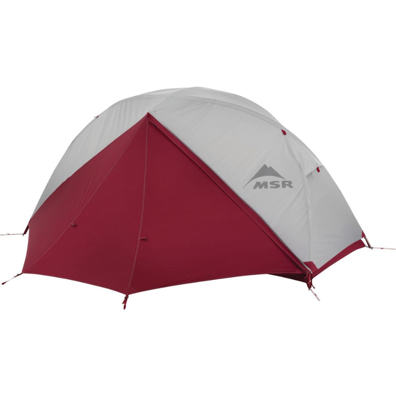 La carpa MSR Elixir 1, una carpa con forma de cúpula roja y gris con el logotipo de MSR, presenta un llamativo diseño de dos colores con paneles rojos y un toldo gris. Perfectamente montada sobre un fondo blanco liso, ofrece estilo y funcionalidad para aventureros en solitario.