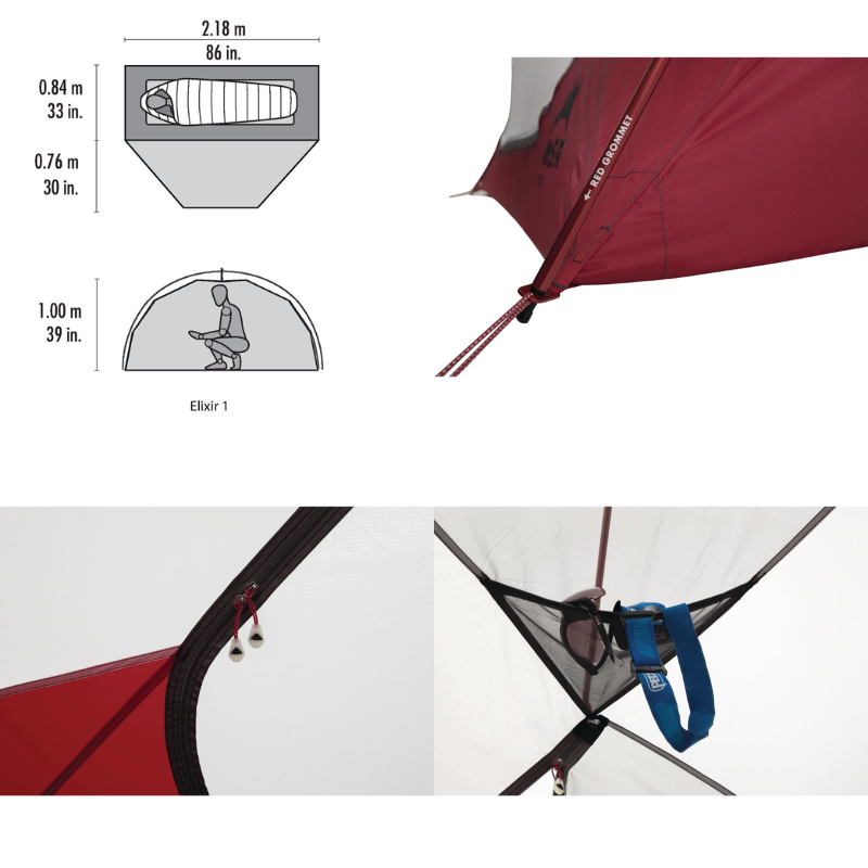 Collage con la tienda de campaña roja para mochileros Carpa MSR Elixir 1. Arriba a la izquierda: dimensiones con un saco de dormir. Abajo a la izquierda: primer plano de la cremallera doble. A la derecha: costura interior con presilla para material que sujeta correas azules, lo que resalta la funcionalidad de la tienda.