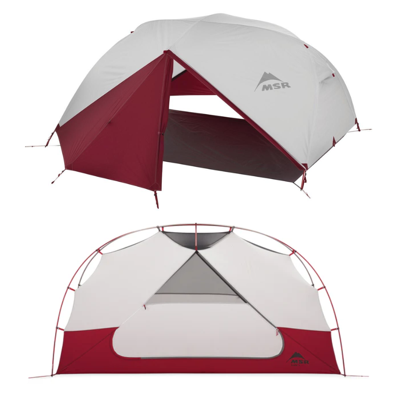 Dos vistas de la carpa Carpa MSR Elixir 2 (copia) en rojo y gris: la parte superior la muestra completamente montada con el toldo, y la parte inferior revela su espacioso dosel de malla.