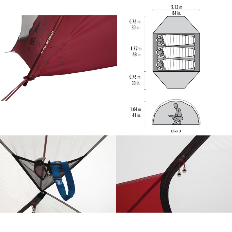Collage de la Carpa MSR Elixir 2 (copia) con cuatro imágenes: una esquina de tienda de campaña marrón con medidas, un plano para tres personas, un loft de almacenamiento de equipo y un primer plano de la cremallera de una puerta.