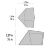 Diagrama de Carpa MSR Remote 2 (copia): largo 1,70 m (67 in), alto 2,03 m (80 in), ancho 0,89 m (35 in). Dos vistas laterales muestran su forma triangular y el área del piso interior, maximizando el espacio para los aventureros.