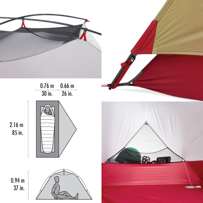 Un collage de las características de Carpa MSR Elixir 3 (copia): la parte superior izquierda muestra la estructura del techo de malla, la parte superior derecha muestra una esquina de la carpa con detalles de cremallera, la parte inferior izquierda muestra las dimensiones de la cama y la parte inferior derecha revela el espacio interior con una almohada y ranuras para equipos.