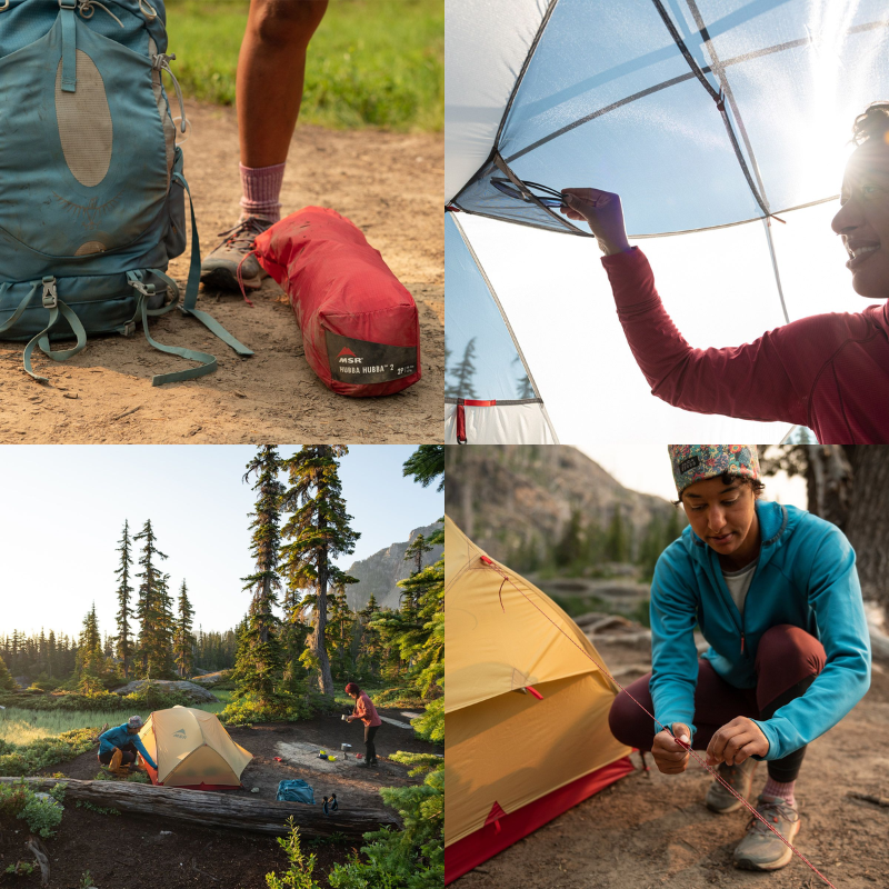 1) Mochila y bolsa roja para carpa en el suelo. 2) Persona instalando una carpa MSR Elixir 3 (copia) y ajustando el toldo. 3) Vista del campamento con dos carpas entre árboles. 4) Persona asegurando una estaca para carpa en un entorno forestal.