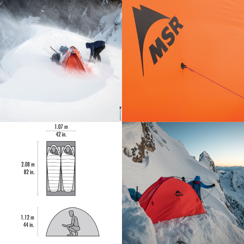 En este collage se ven dos personas montando una carpa roja MSR Hubba Hubba 2 (copia) en la nieve, destacando su tela naranja con el logotipo de MSR. Incluye dimensiones esquemáticas de la carpa para dos personas y la muestra montada en la ladera de una montaña nevada al atardecer.