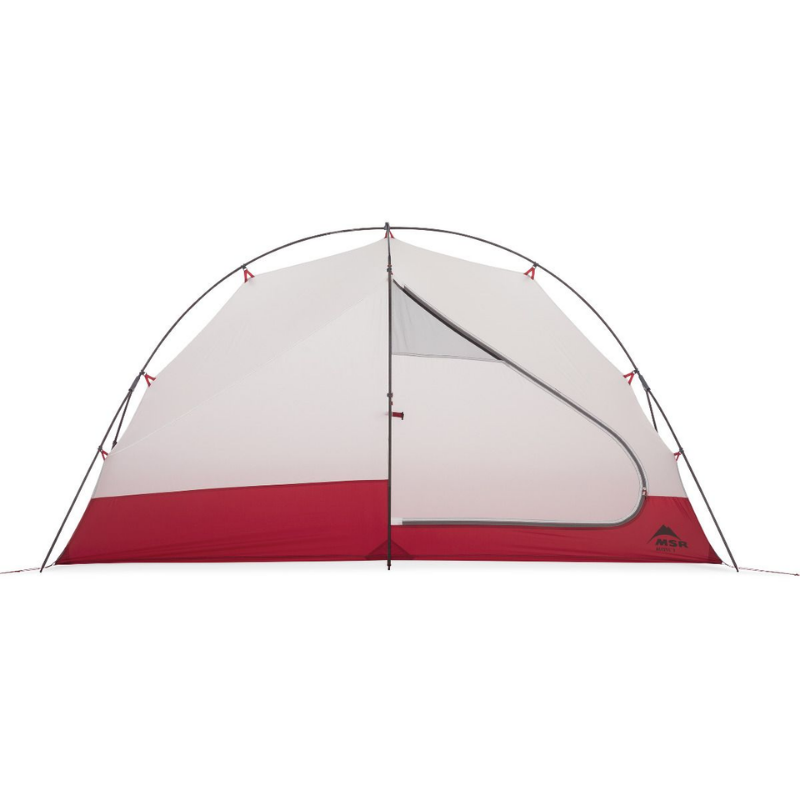La Carpa MSR Access 1 es una carpa tipo domo roja y blanca con una gran ventana de malla y un diseño aerodinámico. Está diseñada con postes livianos y tiene un logotipo cerca del borde inferior, lo que la hace perfecta para acampar y vivir aventuras al aire libre.
