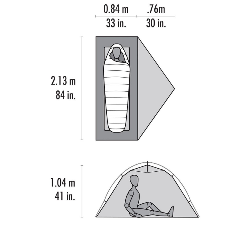 Diagrama del diseño de la Carpa MSR Access 1 que presenta vistas superior y lateral. La vista superior muestra a una persona en un saco de dormir dentro de la tienda de campaña que mide 0,84 m x 2,13 m, mientras que la vista lateral muestra una figura sentada con una altura de 1,04 m, lo que muestra su diseño espacioso para aventureros.